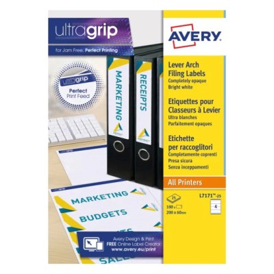 LABEL LASER 25 SHEETS 4 LABELS WHITE L7171 60X200 MM 1X4L DOE BOX FILE AVERY