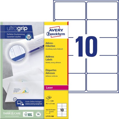 LABEL LASER 100 SHEETS 10 LABELS WHITE L7173 99.1X57 MM 5X2L AVERY