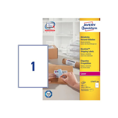 LABEL LASER 100 SHEETS 1 LABELS WHITE L7167 199X289  MM 1L 1XA4 AVERY