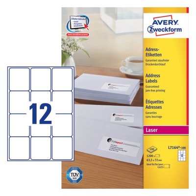 LABEL LASER 100 SHEETS 12 LABELS WHITE L7164 63X72 MM 4X3L AVERY