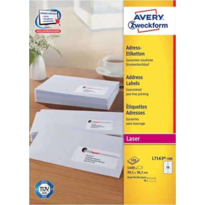 LABEL LASER 100 SHEETS 14 LABELS WHITE L7163 99X38 MM 7X2L AVERY