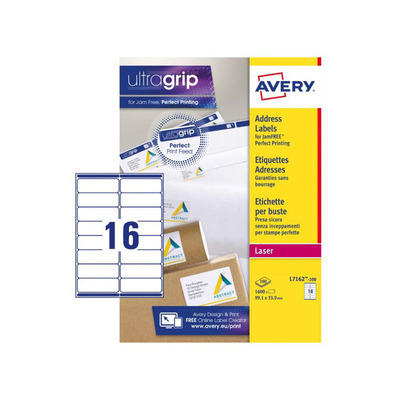 LABEL LASER 100 SHEETS 16 LABELS WHITE L7162 99X34 MM 8X2L AVERY