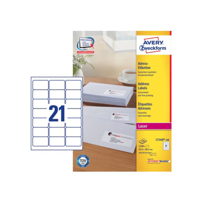 LABEL LASER 100 SHEETS 21 LABELS WHITE L7160  63X38 MM 7X3L AVERY