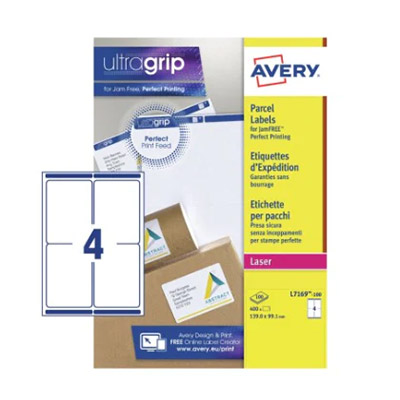 LABEL LASER 100 SHEETS 4 LABELS WHITE L7169  99.1X139 MM 2X2L AVERY