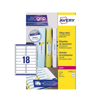 LABEL LASER 25 SHEETS 18 LABELS WHITE L7172 100X30 MM 1X18L AVERY