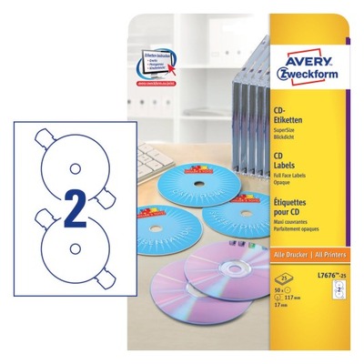 LABEL LASER CD/DVD 117 25 SHEETS WHITE 1X2  L7676-25 FULL FACE AVERY